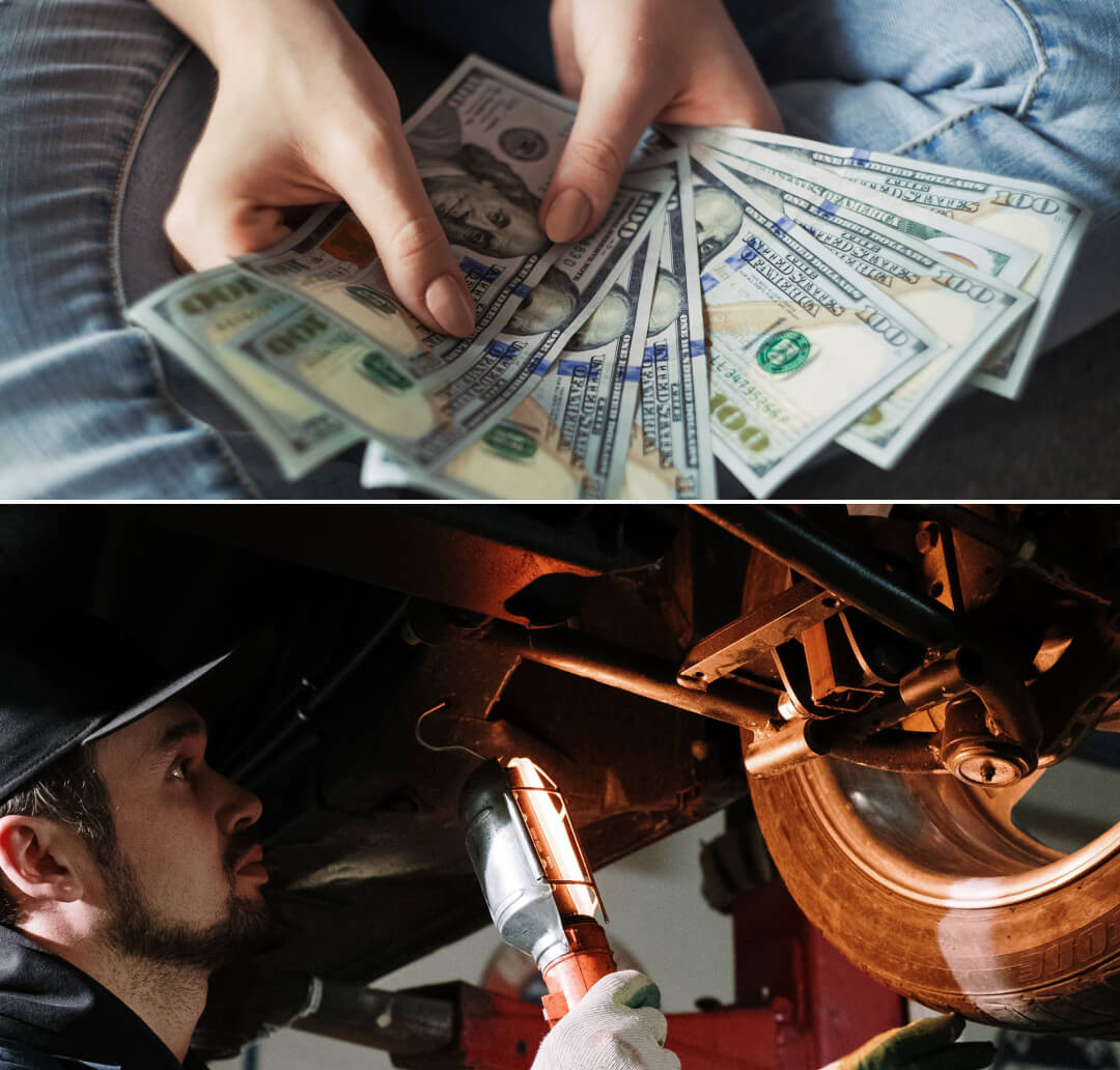 An image with US dollars above an image with a service employee hanging a light while working on the undercarriage of a vehicle